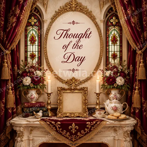 Ornate traditional Thought of the Day card with golden motifs, serene sunrise, and peaceful inspirational mood.