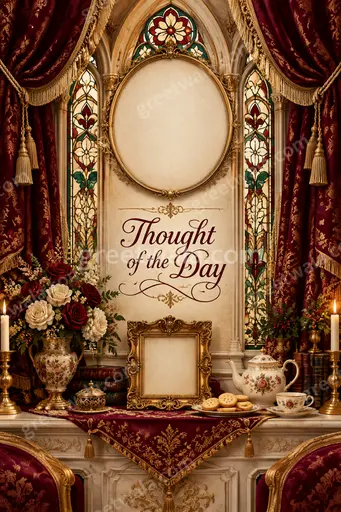 Ornate traditional card with golden motifs, serene sunrise hues, radiating calm wisdom for Thought of the Day inspiration.