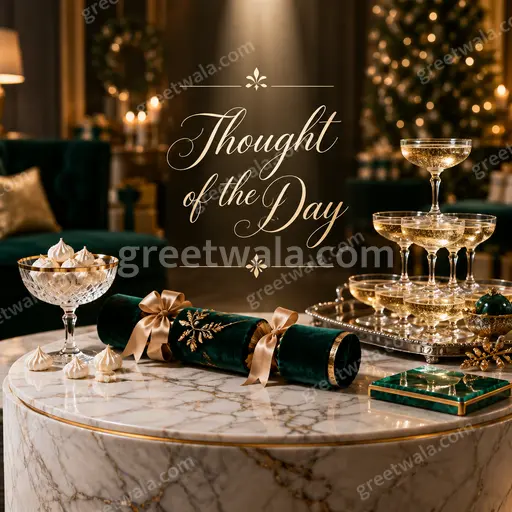 Elegant Thought of the Day card with serene sunrise, soft gold accents, inspiring calm and mindful optimism.