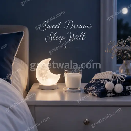 Elegant minimal Sweet Dreams card showing Sweet Dreams Sleep Well with calm moonlit tones and soft peaceful serenity.