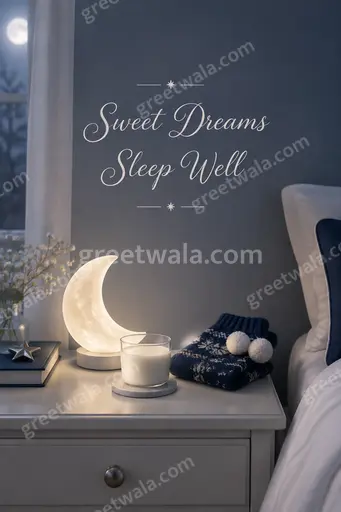 Elegant minimal Sweet Dreams card with soft moonlit tones and calm typography reading Sweet Dreams Sleep Well.