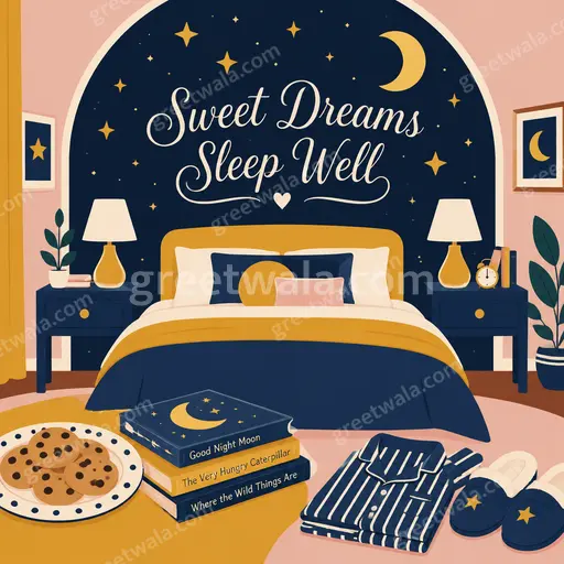 Modern flat vector night card reading Sweet Dreams Sleep Well with sleepy moon stars and calming deep blue tones.