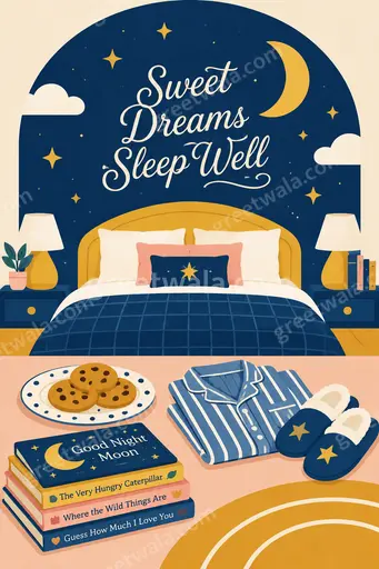 Modern flat vector Sweet Dreams card showing Sleep Well text with cozy moon stars in calm midnight blue tones.