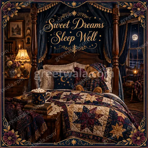 Ornate traditional Sweet Dreams card showing Sweet Dreams Sleep Well with calm moonlit dreamy peaceful night mood.