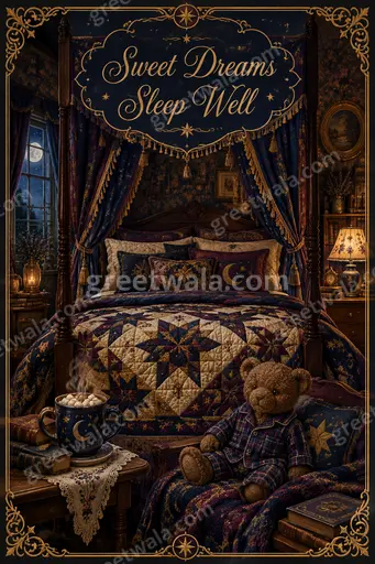 Ornate traditional Sweet Dreams card with moonlit hues, cozy stars, peaceful calm, displaying Sweet Dreams Sleep Well.