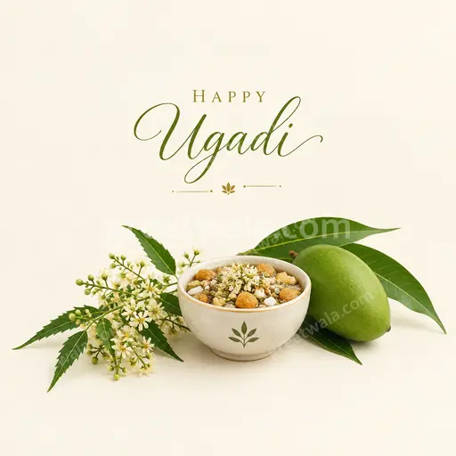 Elegant minimal card displaying Happy Ugadi in refined typography with soft gold tones and serene festive calm.