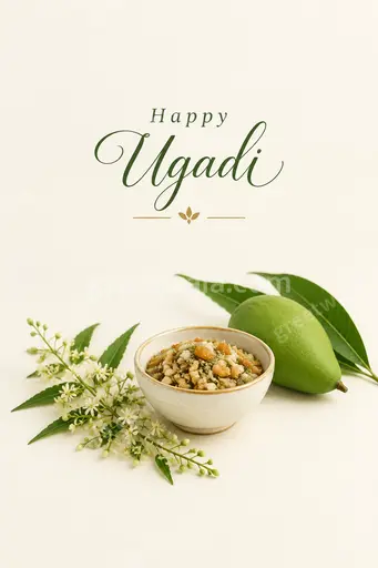 Elegant minimal Ugadi card with soft cream background, delicate mango leaves and refined Happy Ugadi typography.