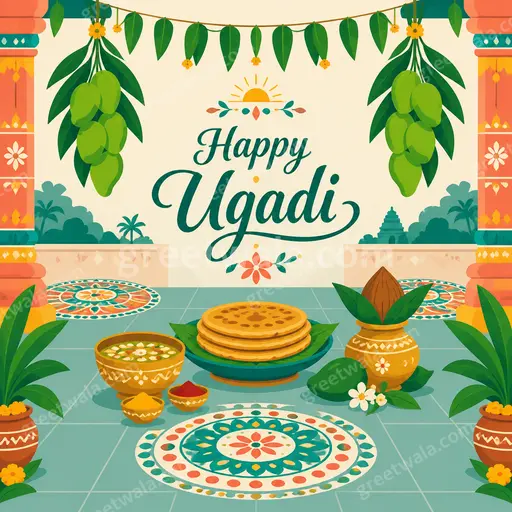 Modern flat vector Ugadi card with festive mango leaves, vibrant colors, joyful mood, displaying Happy Ugadi greeting elegantly.