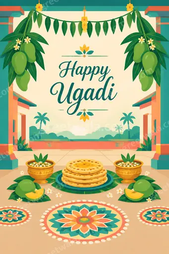Cheerful modern flat vector card displaying Happy Ugadi with mango leaves, marigolds, diya and festive patterns.
