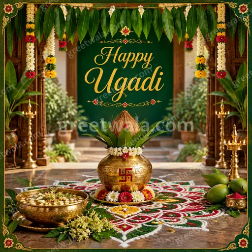 Ornate traditional Ugadi card in warm festive tones featuring mango leaves, flowers and elegant Happy Ugadi lettering.