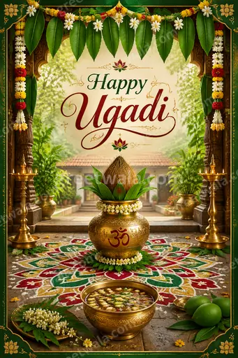 Ornate traditional Ugadi card with golden paisley borders, mango leaves, and joyful Happy Ugadi greeting in elegant festive warmth.