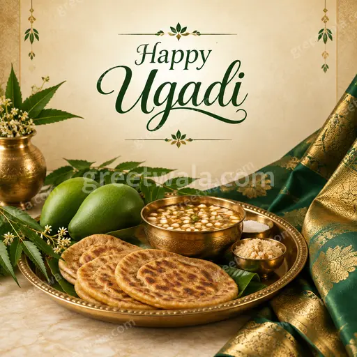 Premium card displaying 'Happy Ugadi' with golden temple bells, mango leaves and glowing festive elegance.