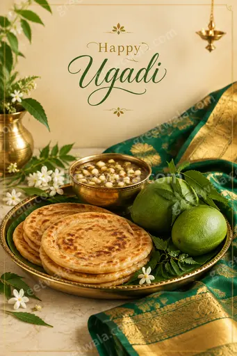 Elegant premium Ugadi card radiating festive joy with golden mango leaves, flowers, and Happy Ugadi lettering.