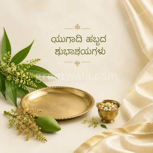 Elegant minimal cream card displaying 'ಯುಗಾದಿ ಹಬ್ಬದ ಶುಭಾಶಯಗಳು' with delicate mango leaves and peaceful golden glow.