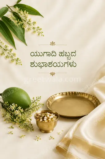 Elegant minimal Ugadi card with soft golden glow, mango leaves and subtle traditional motifs framing Kannada greeting text.