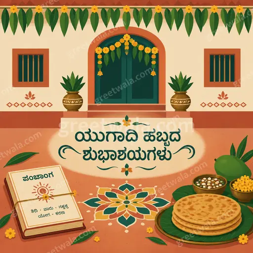 Cheerful modern flat vector Ugadi card displaying ಯುಗಾದಿ ಹಬ್ಬದ ಶುಭಾಶಯಗಳು with mango leaves and festive joyful elegance.