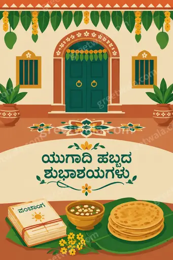 Cheerful modern flat vector Ugadi card displaying 'ಯುಗಾದಿ ಹಬ್ಬದ ಶುಭಾಶಯಗಳು' with mango toran and festive golden accents.