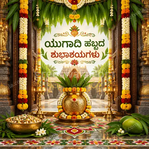 Ornate traditional Ugadi greeting card in warm gold and red tones with festive mango leaves, flowers, and elegant Kannada calligraphy.