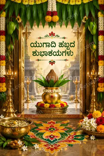 Ornate traditional Ugadi card featuring Kannada greeting in golden temple style with mango leaves, flowers evoking festive auspicious joy.