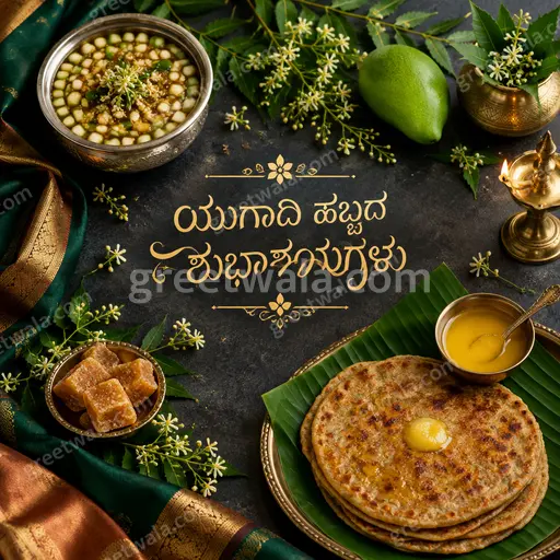 Premium elegant Ugadi card displaying 'ಯುಗಾದಿ ಹಬ್ಬದ ಶುಭಾಶಯಗಳು' with golden mango leaves, lamps and festive warmth.