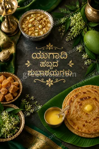 Premium Ugadi showcase card in warm golds displaying ಯುಗಾದಿ ಹಬ್ಬದ ಶುಭಾಶಯಗಳು with elegant festive mango-leaf and floral motifs.