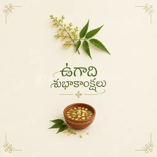 Elegant minimal Ugadi card displaying 'ఉగాది శుభాకాంక్షలు' with soft mango leaves, serene pastel tones and graceful festive calm.