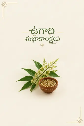 Elegant minimal Ugadi greeting card displaying ఉగాది శుభాకాంక్షలు with soft festive motifs in calm joyful style.