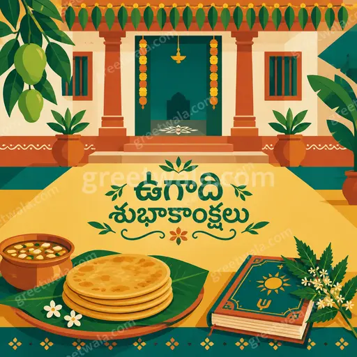 Vibrant modern flat vector Ugadi card displaying ఉగాది శుభాకాంక్షలు with mango leaves, marigolds and festive golden accents.