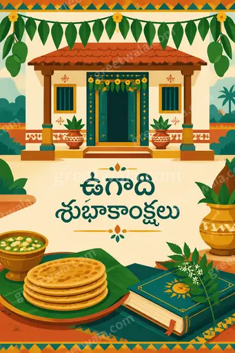 Cheerful modern flat vector Ugadi card displaying 'ఉగాది శుభాకాంక్షలు' with mango toran, flowers and festive sunrise glow.