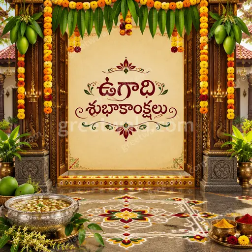 Ornate traditional Ugadi card displaying ఉగాది శుభాకాంక్షలు with festive mango leaves, gold motifs, and joyful auspicious mood.