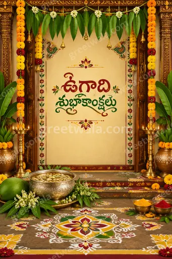 Ornate traditional Ugadi greeting card with golden mango leaves, flowers, diyas, radiating festive warmth and Telugu cultural elegance.
