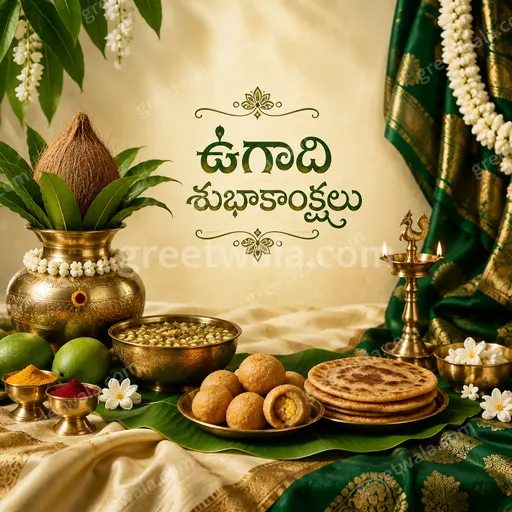 Premium Ugadi card glowing with festive gold, mango leaves, and Telugu 'ఉగాది శుభాకాంక్షలు' in elegant joyful celebration.