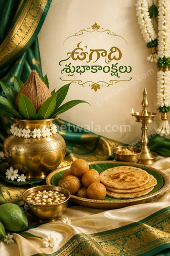Premium Ugadi card displaying ఉగాది శుభాకాంక్షలు with golden mango leaves, festive radiance, elegant traditional Telugu charm.