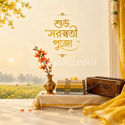 Elegant minimal Vasant Panchami card featuring শুভ সরস্বতী পুজো with soft yellow hues and serene Saraswati motifs.