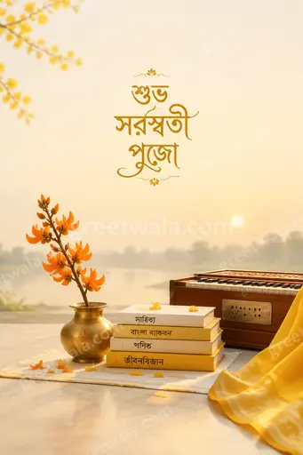 Elegant minimal Vasant Panchami card with soft yellow hues, veena motifs, and Bengali greeting শুভ সরস্বতী পুজো in graceful script.