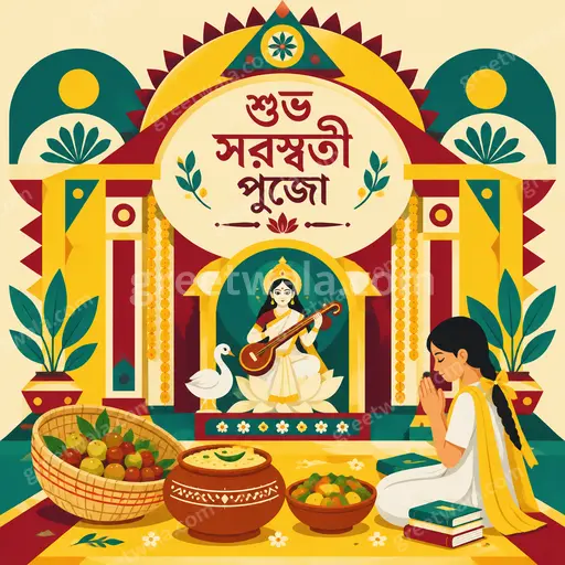 Modern flat vector Vasant Panchami card displaying শুভ সরস্বতী পুজো with serene goddess motifs, marigolds, veena, and joyful spring hues.