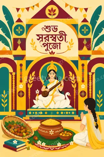 Modern flat vector Vasant Panchami card displaying "শুভ সরস্বতী পুজো" with serene Saraswati, veena, marigolds and joyful yellow tones.