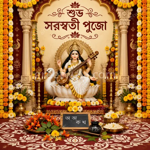 Ornate traditional Vasant Panchami card displaying 'শুভ সরস্বতী পুজো' with Goddess Saraswati, veena, marigolds in serene festive elegance.