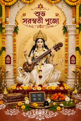 Ornate traditional Vasant Panchami card with glowing goddess Saraswati, marigolds, veena, and Bengali greeting শুভ সরস্বতী পুজো.