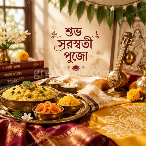 Premium elegant Vasant Panchami card featuring Bengali 'শুভ সরস্বতী পুজো' greeting amid golden marigolds and serene Saraswati grace.