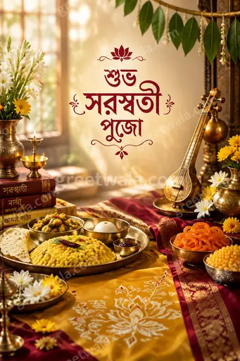 Premium Bengali Vasant Panchami card featuring শুভ সরস্বতী পুজো with serene goddess motifs, marigolds, and elegant golden glow.