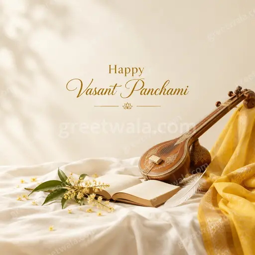 Elegant minimal card with soft yellow tones, delicate florals, and Happy Vasant Panchami in graceful lettering.