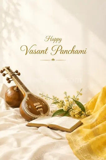 Elegant minimal card with soft yellow blooms and serene goddess motifs conveying joyful spring blessings for Happy Vasant Panchami.