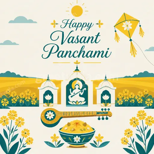 Modern flat vector card with joyful spring mood, marigolds, veena, and Happy Vasant Panchami greeting in elegant typography.