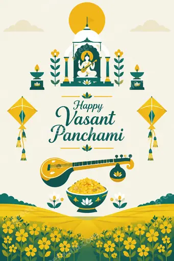 Bright cheerful flat vector design reading Happy Vasant Panchami with marigolds, veena, books and spring sunshine glow.