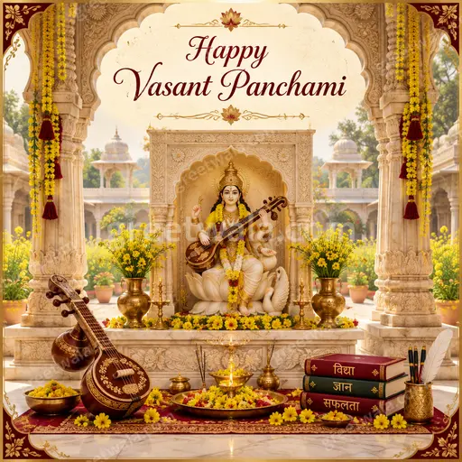 Ornate traditional card displaying Happy Vasant Panchami with golden motifs, marigolds and veena in joyful devotional elegance.