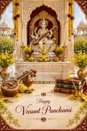 Ornate traditional Happy Vasant Panchami card with golden deity motifs, marigolds, and warm festive glow.