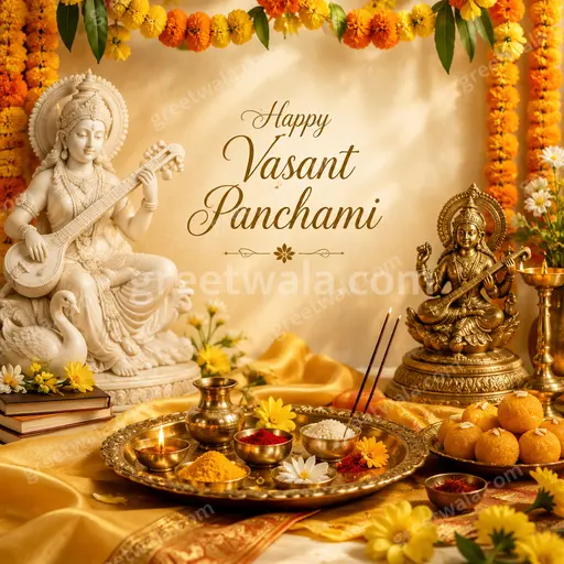 Elegant golden spring card radiating divine blessings with Goddess Saraswati, veena, marigolds, and joyful Happy Vasant Panchami wishes.