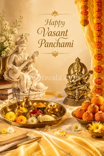 Premium showcase card radiates joyful spring blessings with elegant Happy Vasant Panchami lettering in serene golden hues.