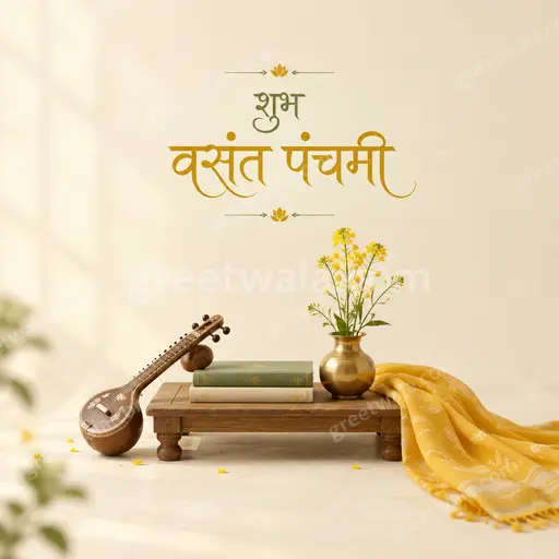 Elegant minimal Vasant Panchami card in soft yellow tones displaying शुभ वसंत पंचमी with serene festive grace.